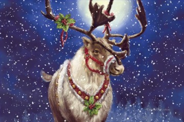 Christmas deer under moon Oil Paintings